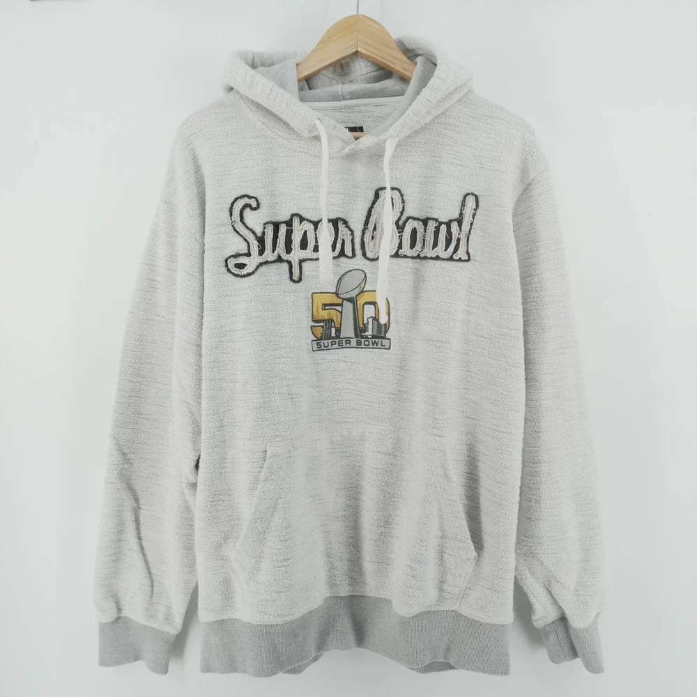 NFL Super Bowl 50 Hoodie Mens Large Gray Slub Knit Applique Sweatshirt